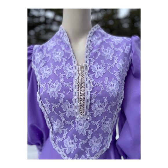 Vintage 70s Prairie Style Maxi Dress Lilac Lace Cottagecore Farmcore M - Picture 11 of 15